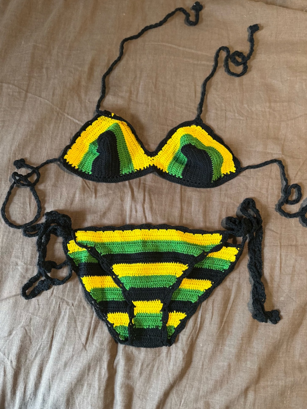 Handmade Jamaican Crochet Bikini in Black, Yellow & Green